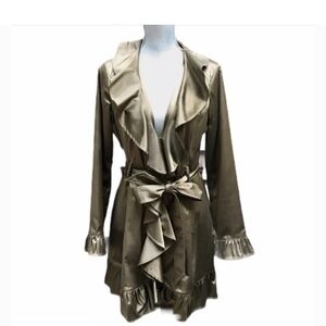 Marc Bouwer satin dressy trench jacket in a coppery olive green shade.